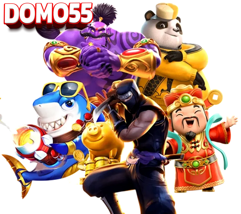 รวมตัวละครเกมสล็อต DOMO55 ฉลาม นินจา แพนด้า จินนี่ และเทพแห่งโชคลาภในธีมเกมแตกง่าย