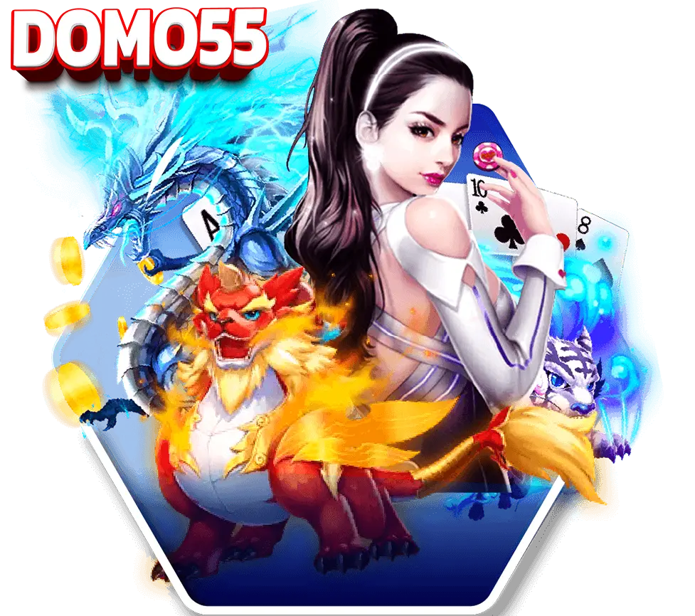 DOMO55 ตัวละครสาวแฟนตาซีพร้อมมังกรน้ำ เสือไฟ และไอคอนไพ่ ฉากเอฟเฟกต์เหรียญทองแนวคาสิโน