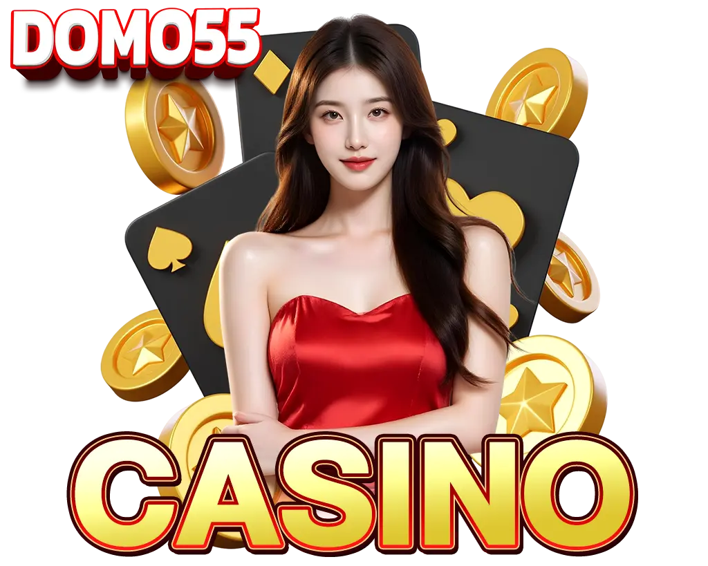 คาสิโน DOMO55 นางแบบชุดแดง ฉากไพ่และเหรียญทองแนวโปรโมทเว็บพนัน