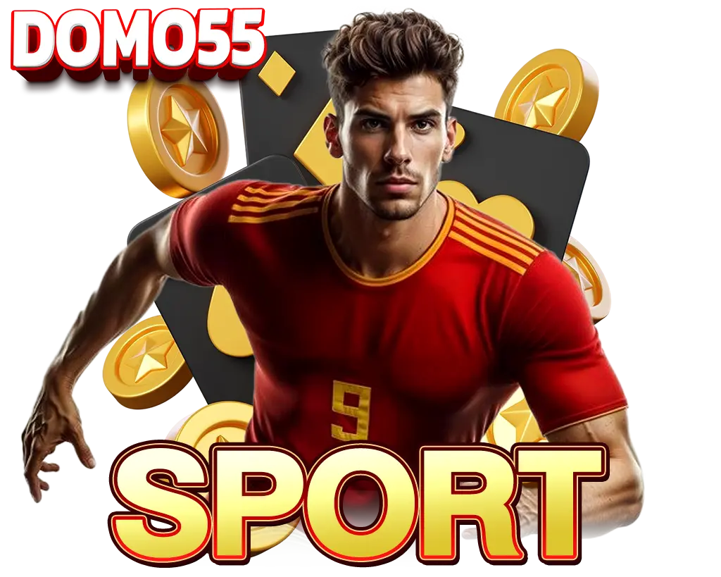 กีฬา DOMO55 นักฟุตบอลชายชุดแข่งสีแดง ฉากไพ่และเหรียญทองแนวโปรโมทเว็บกีฬา