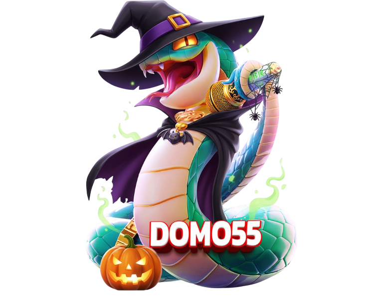 DOMO55 ภาพมังกรการ์ตูนสวมหมวกโจรสลัด โทนสีม่วง-เขียว พร้อมโลโก้ด้านล่าง สไตล์สล็อตแฟนตาซีคาสิโนออนไลน์